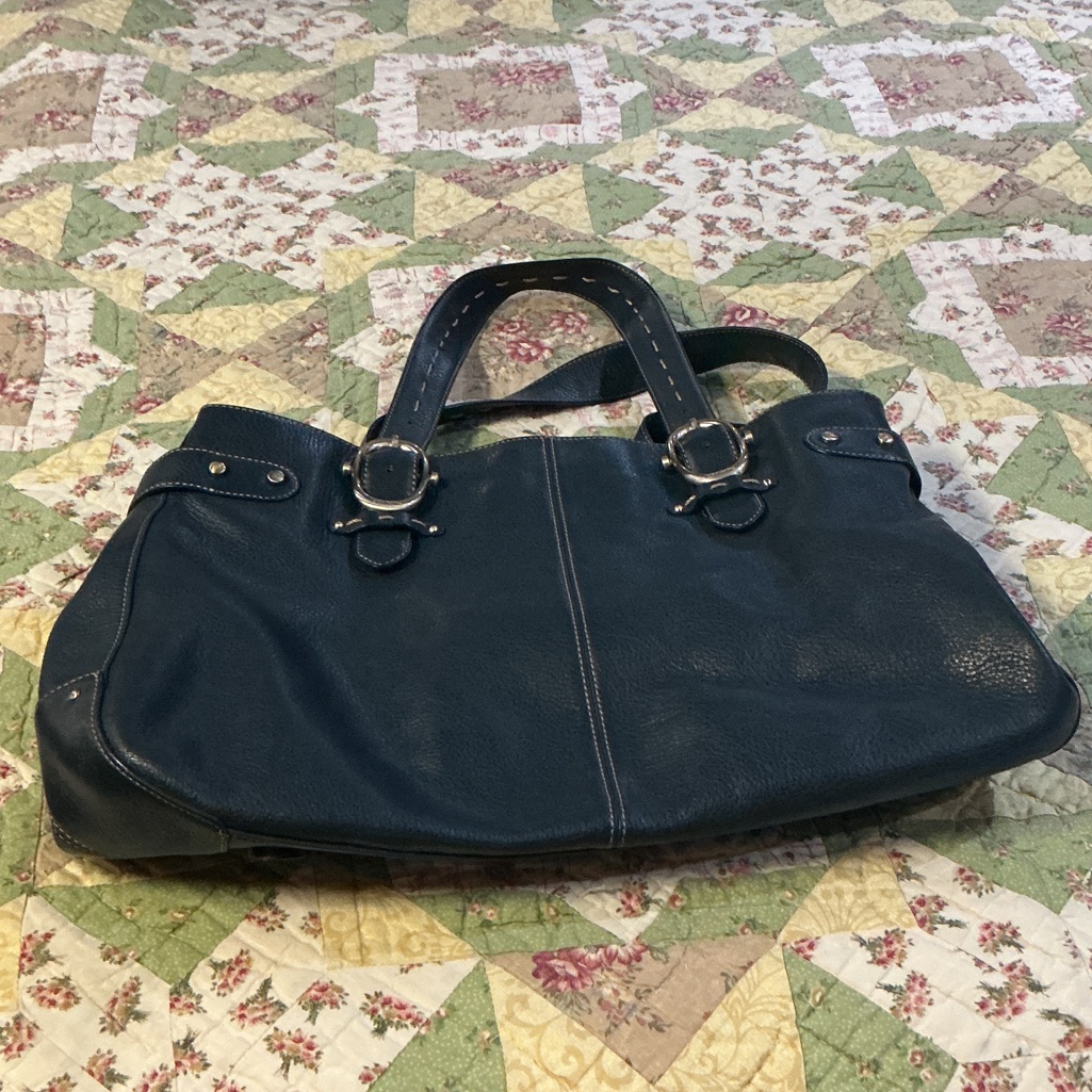 Liz Claiborne Navy Shoulder Bag With Buckle Detail Genuine Leather